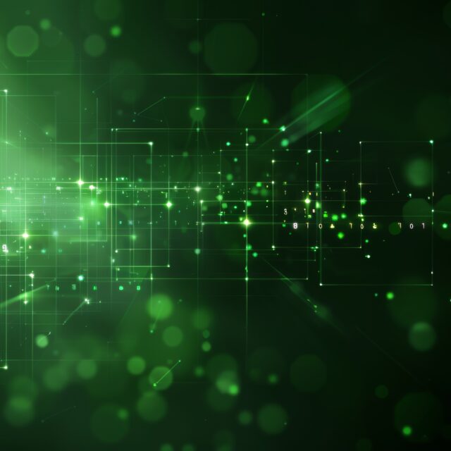 Futuristic design featuring a vibrant green digital data stream filled with glowing lines and shimmering particles